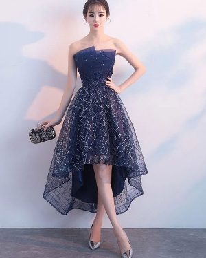 Short Prom Dresses Strapless Sequin Dark Navy High Low Cocktail Party Dress
