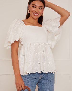 Short Sleeve Broderie Anglaise Peplum Top in White - 8