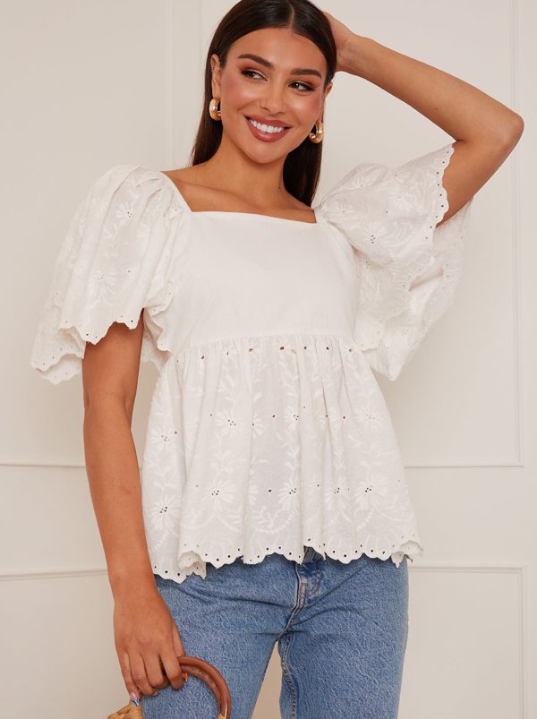 Short Sleeve Broderie Anglaise Peplum Top in White - 8