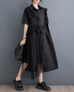 Short Sleeve Plus Size Black Cotton Mesh Vintage New In Dresses For Women Casual Loose Long Summer Shirt Dress