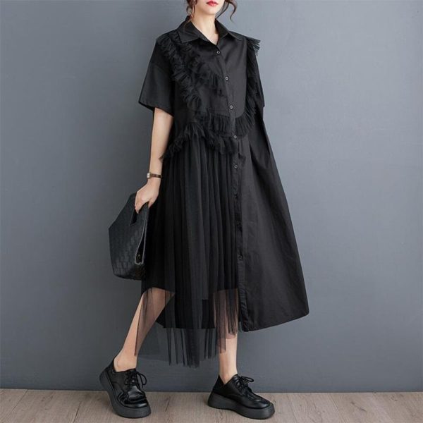 Short Sleeve Plus Size Black Cotton Mesh Vintage New In Dresses For Women Casual Loose Long Summer Shirt Dress