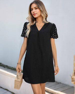 Short Sleeve V-neck Black Shift Mini Dress With Rhinestones 2025