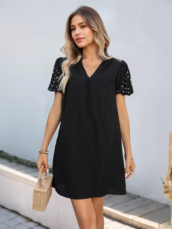 Short Sleeve V-neck Black Shift Mini Dress With Rhinestones 2025