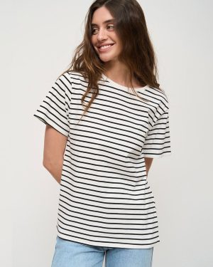 Short Sleeves Tees White Two-Tone Stripes Oversized Jewel Neck T Shirt For Women