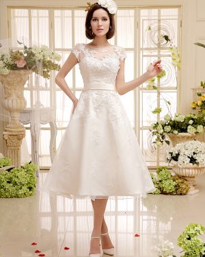 Short Wedding Dress Ivory Lace Up Vintage A Line Tea Length Bridal Dress