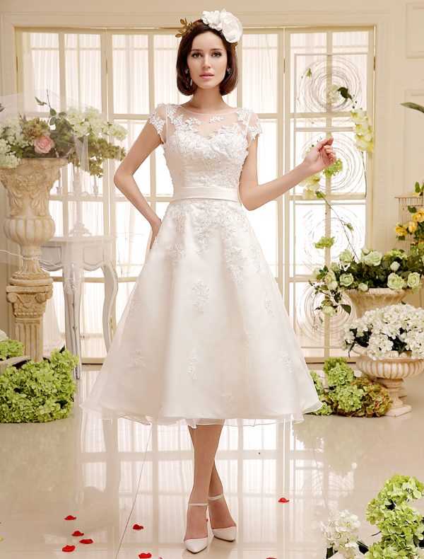 Short Wedding Dress Ivory Lace Up Vintage A Line Tea Length Bridal Dress