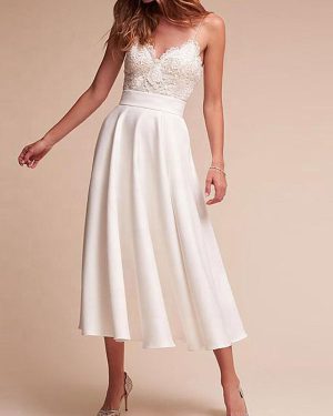 Short Wedding Dress V Neck Sleeveless A Line Tea Length Straps Bridal Gowns