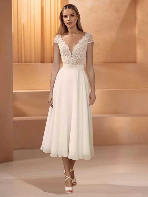 Short Wedding Dresses Jewel Neck Short Sleeves Short Tea-Length Bridal Dresses