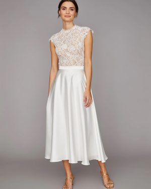 Short Wedding Dresses Tea-Length High Collar Short Sleeves A-Line Natural Waist Satin Fabric Short Bridal Dress