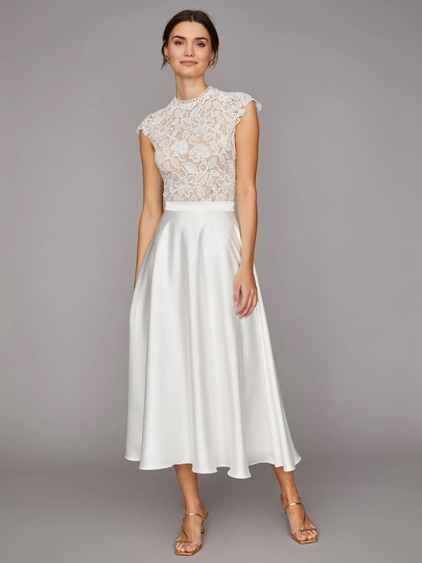 Short Wedding Dresses Tea-Length High Collar Short Sleeves A-Line Natural Waist Satin Fabric Short Bridal Dress