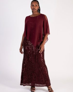 Signature Wine Sequin Dress with Flowing Chiffon Cape