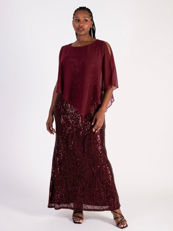 Signature Wine Sequin Dress with Flowing Chiffon Cape