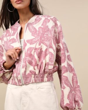 Signey Light Beige and Mauve Pink Floral Bomber Jacket