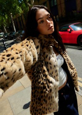 Silence + Noise Leopard Print Faux Fur Coat Jacket - Brown M at Urban Outfitters