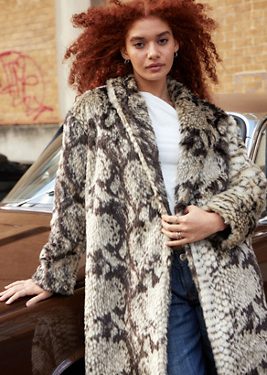 Silence + Noise Snake Print Faux Fur Maxi Coat Jacket - Brown XS at Urban Outfitters