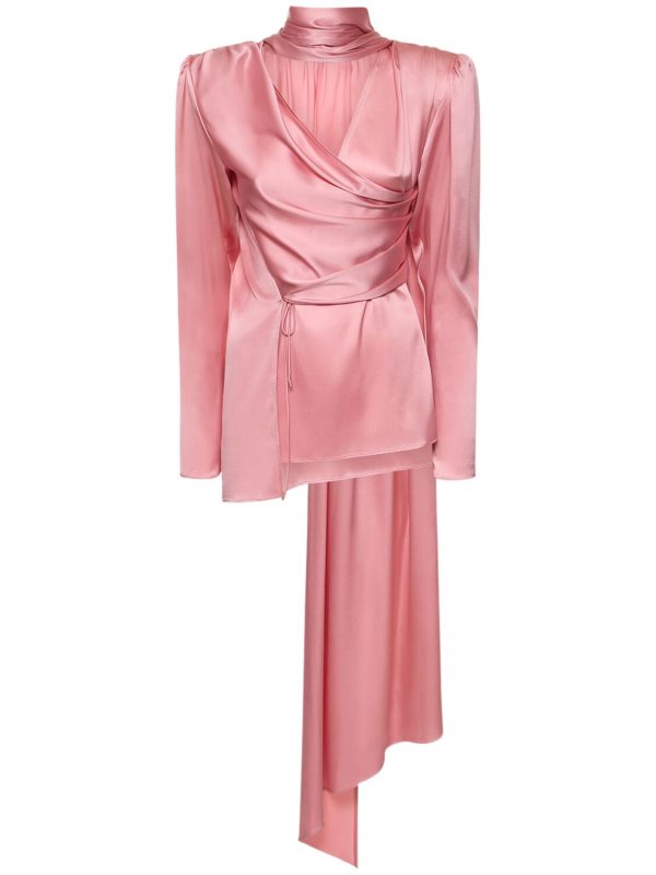 Silk Satin Draped Long Sleeve Wrap Top