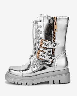 Silver Combat Boots Round Toe Buckle Detail Zip Up Lace Up Ankle Boots