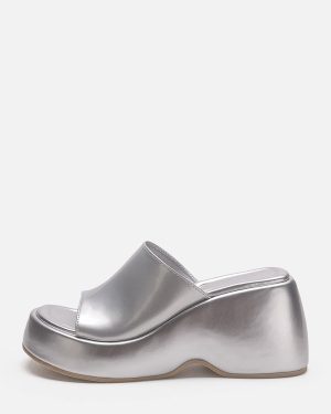 Silver Sandal Slides Silver Metallic Platform Flatform Slip-On Mules