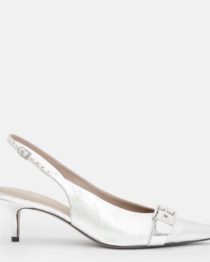 Silver Selina Leather Slingback Kitten Heels