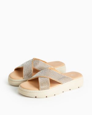 Silver Sparkle Cross Strap Wedge Sandals
