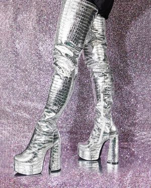 Silver Thigh High Boots Metallic Stone Pattern Chunky Heel Platform Thigh High Boots