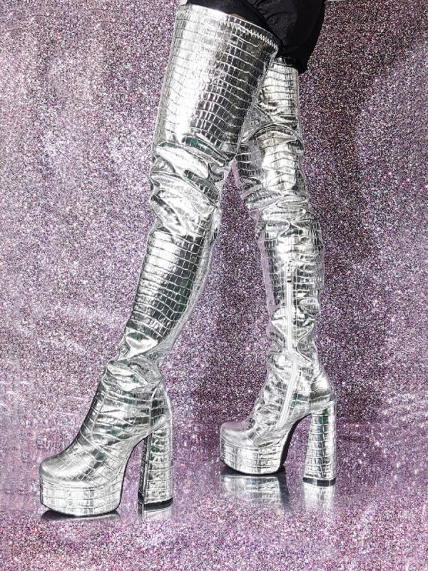 Silver Thigh High Boots Metallic Stone Pattern Chunky Heel Platform Thigh High Boots