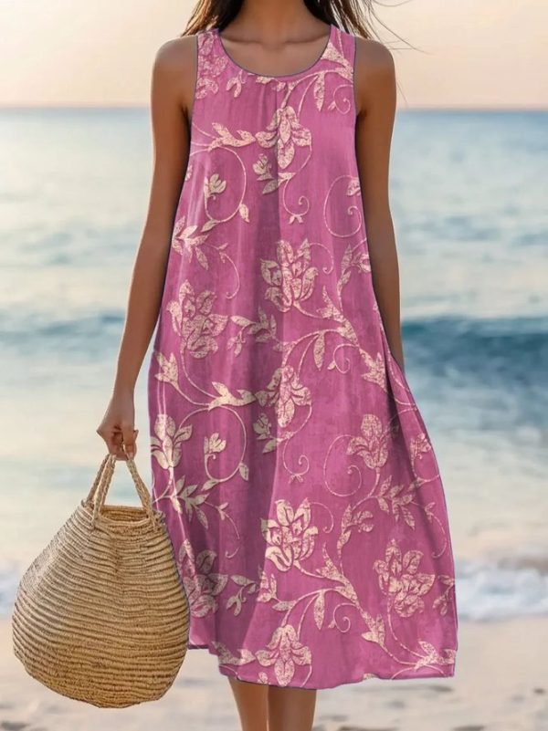 Simple Summer Leaf Cotton Natural Household Regular Fit Midi A-Line Dresses for Women