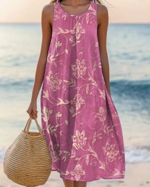 Simple Summer Leaf Cotton Natural Household Regular Fit Midi A-Line Dresses for Women
