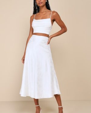 Simply Idyllic Ivory Floral Jacquard High-Rise Midi Skirt
