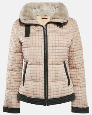Sisley Beige Crepe Fur Collar Detail Quilted Puffer Jacket M