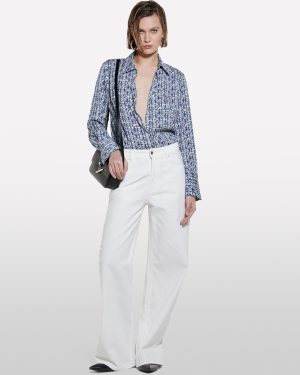 Sisley - Blue Printed Satin Shirt, Woman, Blue, Size: XS
