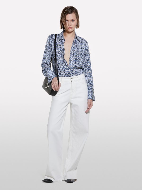 Sisley - Blue Printed Satin Shirt, Woman, Blue, Size: XS