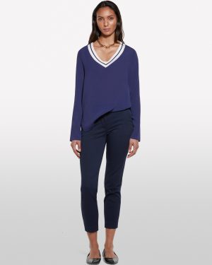 Sisley - Dark Blue Blouse With Contrasting Neckline, Woman, Dark Blue, Size: XS