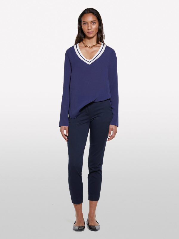 Sisley - Dark Blue Blouse With Contrasting Neckline, Woman, Dark Blue, Size: XS