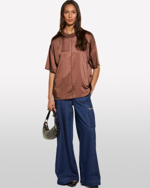 Sisley - Dark Brown Oversized Satin Blouse, Woman, Brown, Size: XS