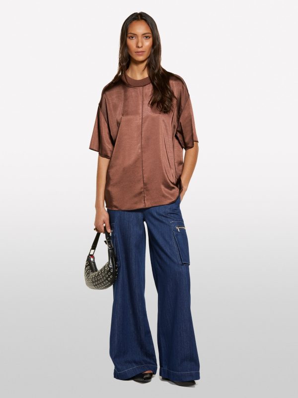 Sisley - Dark Brown Oversized Satin Blouse, Woman, Brown, Size: XS