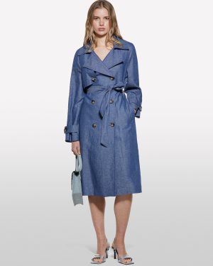 Sisley - Double-breasted Denim Effect Trench Coat, Woman, Blue, Size: 48