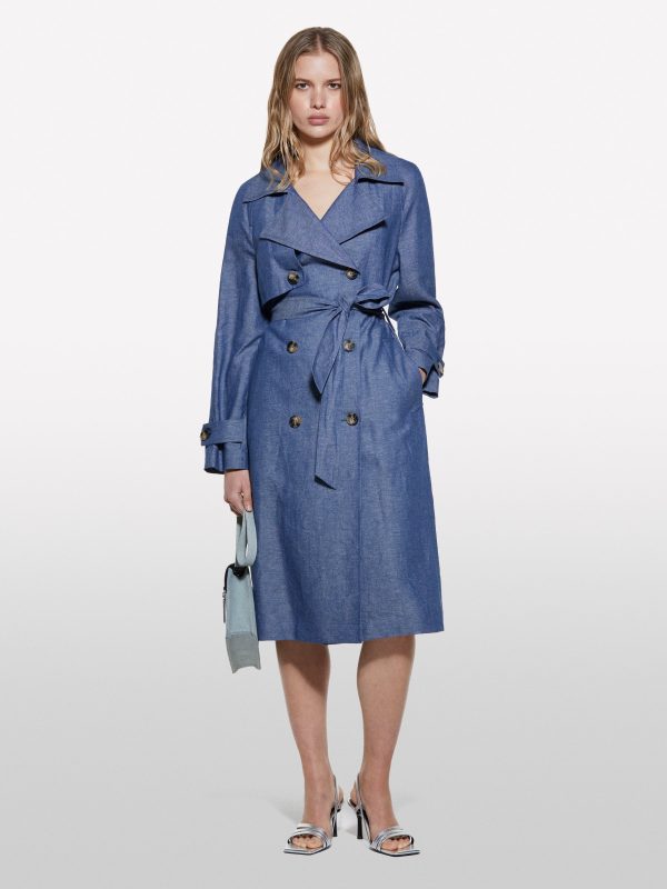 Sisley - Double-breasted Denim Effect Trench Coat, Woman, Blue, Size: 48