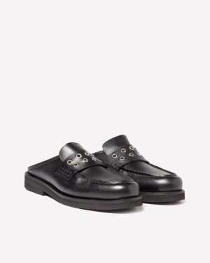 Sisley - Leather Mules With Eyelets, Woman, Black, Size: 41