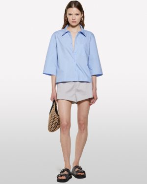 Sisley - Light Blue Cropped Shirt With Creases, Woman, Light Blue, Size: XS