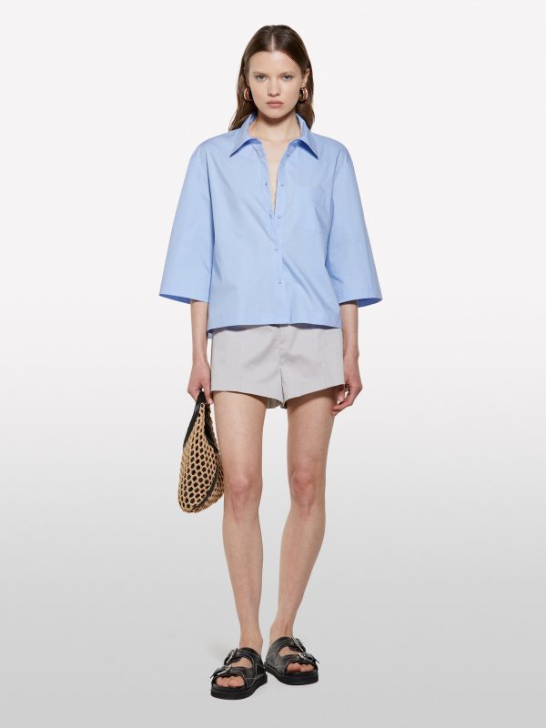 Sisley - Light Blue Cropped Shirt With Creases, Woman, Light Blue, Size: XS