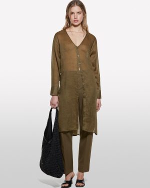 Sisley - Military Green Long Shirt With Slits, Woman, Military Green, Size: XS