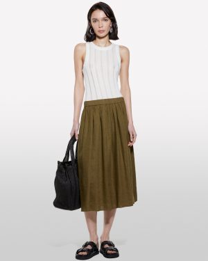 Sisley - Military Green Midi Skirt In 100% Linen, Woman, Military Green, Size: XS