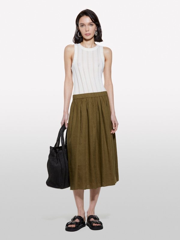 Sisley - Military Green Midi Skirt In 100% Linen, Woman, Military Green, Size: XS