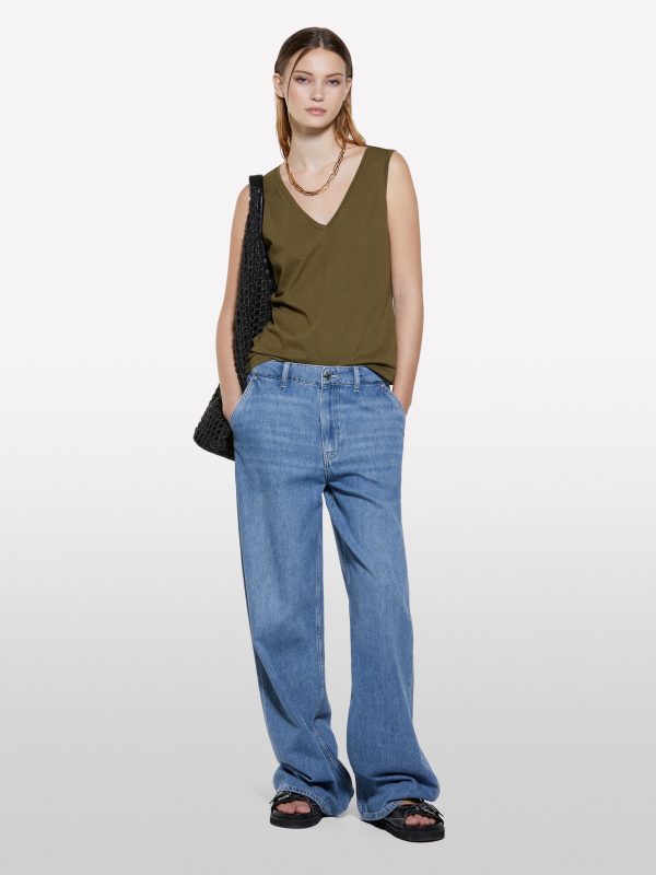Sisley - Military Green Tank Top With V-neck, Woman, Military Green, Size: XS