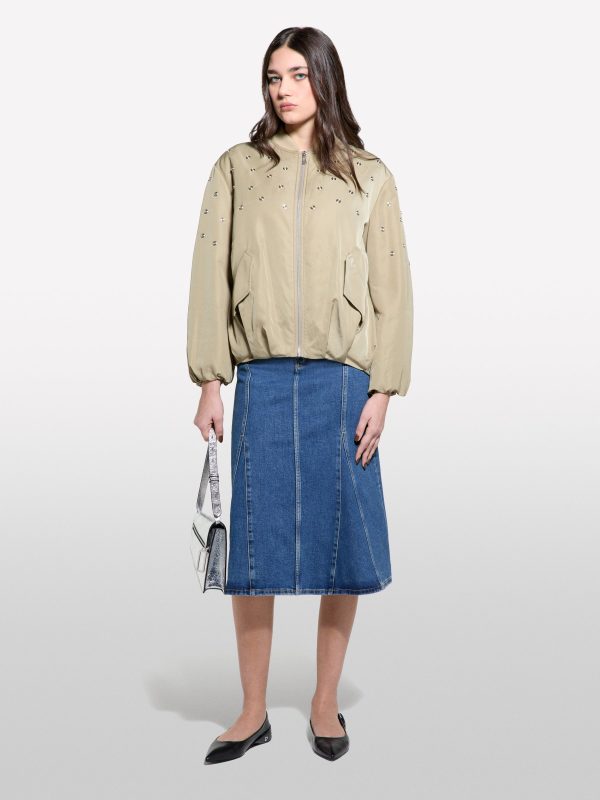Sisley - Oversized Bomber Jacket With Studs, Woman, Light Green, Size: XS