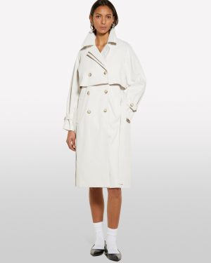 Sisley - Satin Trench Coat, Woman, Creamy White, Size: XS