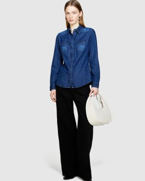 Sisley - Slim Fit Denim Shirt, Woman, Dark Blue, Size: XS