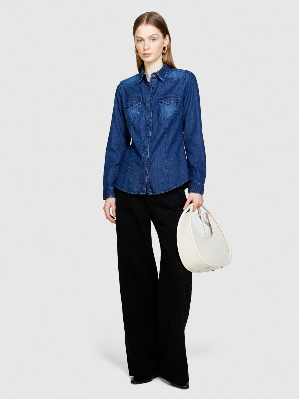 Sisley - Slim Fit Denim Shirt, Woman, Dark Blue, Size: XS