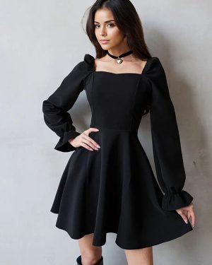 Skater Dress Puff Sleeve Square Neck A-line Spring Mini Dress For Women 2025